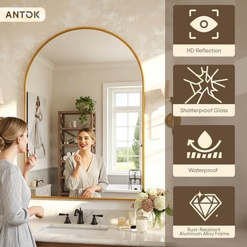 Antok Arched Bathroom Mirror, 30"x40" Wall Mounted Mirror, Vanity Mirrors for Over Sink, Aluminum Alloy Frame Bathroom Mirrors Living Room, Bedroom and Entryway, Gold