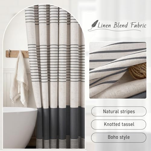 Dark Grey Boho Linen Striped Shower Curtain with Tassel 72"W X 72"L