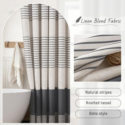 Dark Grey Boho Linen Striped Shower Curtain with Tassel 72"W X 72"L