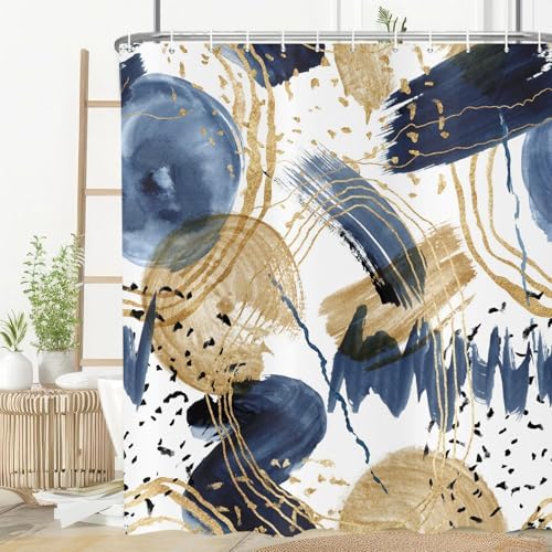 deFouliao Boho Shower Curtain, Mid Century Abstract Blue Gold Waterproof Shower Curtain for Bathroom Bathtub Home Curtain Decor, Washable with Hooks, 65Wx72L