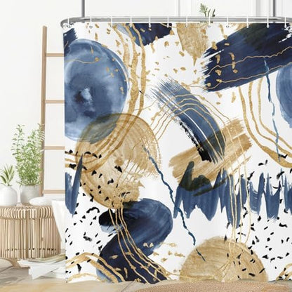 deFouliao Boho Shower Curtain, Mid Century Abstract Blue Gold Waterproof Shower Curtain for Bathroom Bathtub Home Curtain Decor, Washable with Hooks, 65Wx72L
