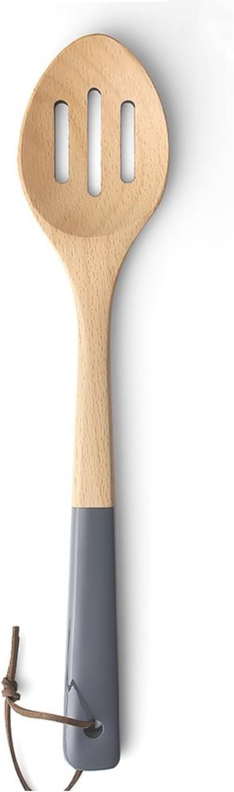 AOOSY Wooden Slotted Spoon for Cooking, 12 Inch Natural Beechwood Spoon | with 4.3 Inch Heat Resistant Rubber Grip Handle, Pointed Head for Scraping, for Mixing Tossing Serving Salad Pasta and Fruits