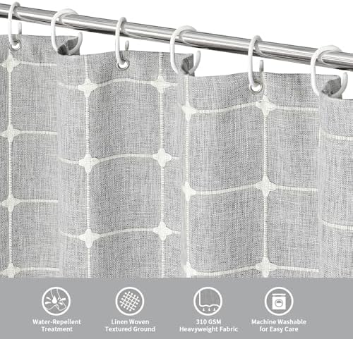 Boho Farmhouse Classic Plaid Linen Tassel Shower Curtain Light Grey,72x78