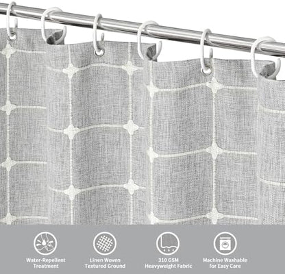 Boho Farmhouse Classic Plaid Linen Tassel Shower Curtain Light Grey,72x78