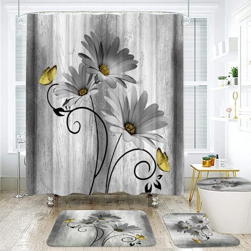 Onalasyc 4PCS Grey Daisy Floral Bathroom Sets with Shower Curtain and Rugs