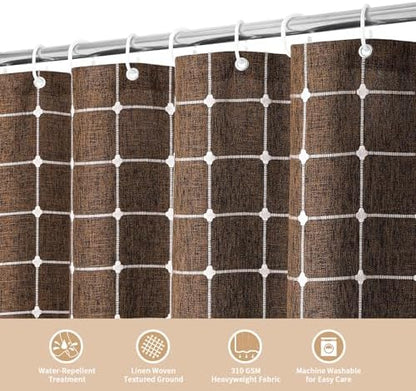 Boho Farmhouse Classic Plaid Linen Tassel Shower Curtain Brown,72x72