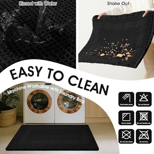 Extra Large Waffle Bath Mat, 5'x2' Black-Looped, Super Absorbent Non-Slip Quick Dry Bathroom Rugs with Tassels, Machine Washable Ultra Soft Boho Bath Rugs for Floor, Toilet Mats Boho Farmhouse Decor