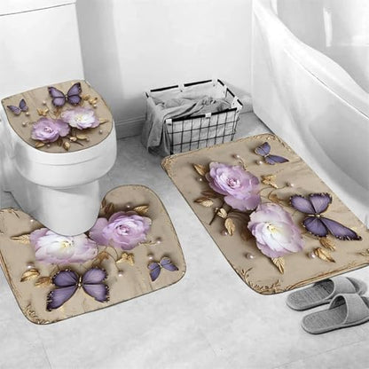 Chrainy 4pcs Vintage Butterfly Shower Cutain Set Bathroom Decor with Rugs