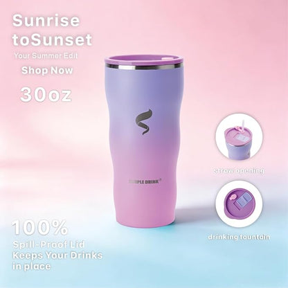 30 oz Stainless Steel Insulated Tumbler with Straw and Lid, Double Wall Vacuum Travel Cup, Spill Resistant, Fits Most Cup Holders, for Water, Iced Coffee and Hot Drinks, Lavender Ombre