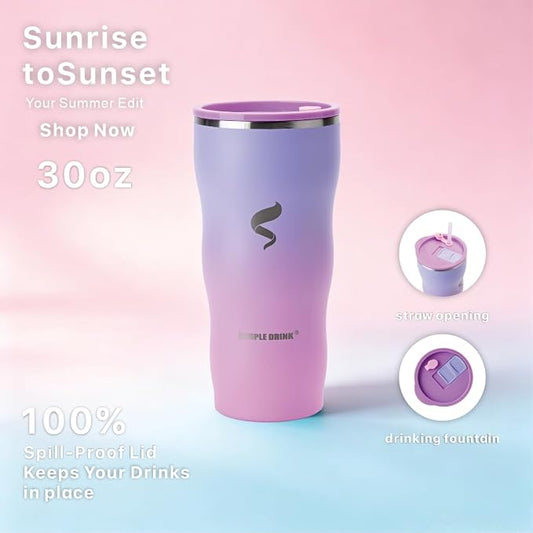 30 oz Stainless Steel Insulated Tumbler with Straw and Lid, Double Wall Vacuum Travel Cup, Spill Resistant, Fits Most Cup Holders, for Water, Iced Coffee and Hot Drinks, Lavender Ombre