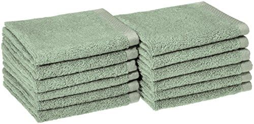 Amazon Basics Cotton Washcloths, Lightweight Quick-Dry, Comfy and Soft, 12" x 12", Seafoam Green, 12-Pack