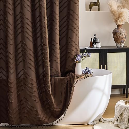 Siiluminisoy Brown Shower Curtain Fabric Shower Curtain for Bathroom 72 x 90 Tufted Chevron Textured Striped Modern Farmhouse Minimalist for Bathroom