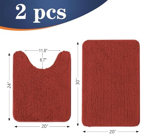 OLANLY Chenille Bathroom Rugs Mats Sets 2 Piece, 30"x20"+24"x20", Red