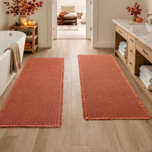 MIULEE Fall Orange Set of 2 Waffle Bathroom Runner Rugs 2'x6'(24"x72")