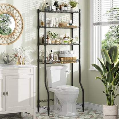 Simple Trending 4 Tier Over The Toilet Storage Rack, Bathroom Organizers and Storage Over Toilet with Adjustable Shelf and Basket, (Black)