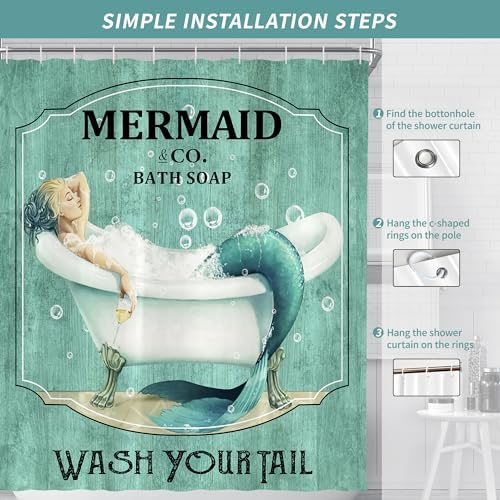 Teal Vintage Mermaid Shower Curtain for Bathroom 72W*72H Inch Little Teal Green Mermaid Wash Your Tail Bathtub Decor Funny Ocean Bathtub Bubbles Wood Aesthetic Waterproof Polyester Fabric