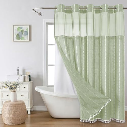 eachope No Hook Long Shower Curtain Set with Snap-in Fabric Liner,Linen Ultra Thick Fabric with Tassels,Boho Chic Modern Farmhouse Country Neutral Cloth Shower Curtains for Bathroom,Sage Green,71x80