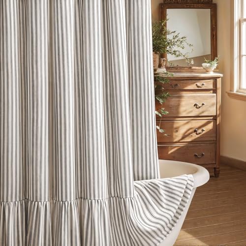 Farmhouse Shower Curtain Ruffle Linen Cream-Black Stripe 72"W x 96"L