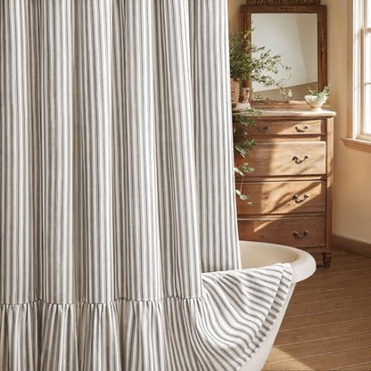 Farmhouse Shower Curtain Ruffle Linen Cream-Black Stripe 72"W x 75"L