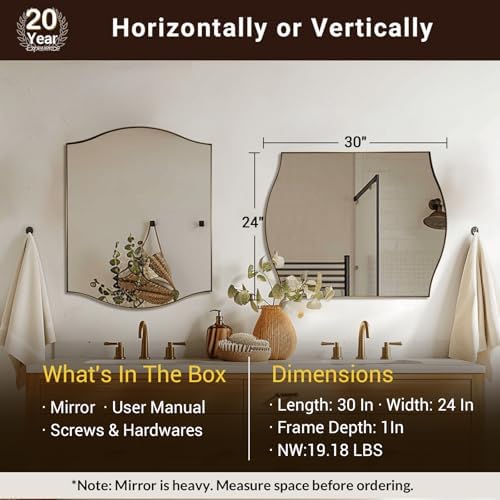 ANDY STAR Gold Bathroom Mirror, 24"x30" Scalloped Wall Mirror in Stainless Steel Metal Frame, Unique Vanity Mirror with Modern Curved Edge Design, Ideal for Bathroom, Bedroom, Entryway