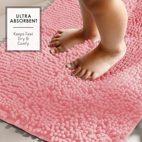Hearth & Harbor Bathroom Rugs, Chenille Bath Mat - Machine Washable Bath Mats for Bathroom Non-Slip Backing Rubber, Quick Dry Bathroom Mat, 24 x 36 - Pink