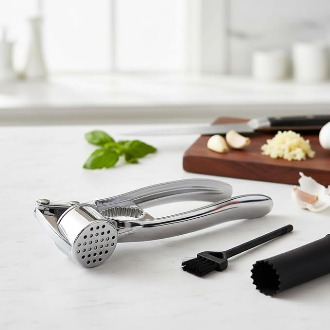 Multi-Purpose Garlic Press Nut Cracker Kitchen Tool, Large Caliber Thickened Zinc Alloy Mincer Squeezer, Precise Holes for Fine Paste, Dishwasher Safe with Peeler & Cleaning Brush (Silver - 3set)
