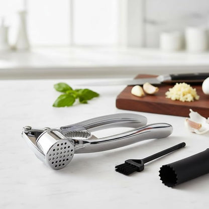 Multi-Purpose Garlic Press Nut Cracker Kitchen Tool, Large Caliber Thickened Zinc Alloy Mincer Squeezer, Precise Holes for Fine Paste, Dishwasher Safe with Peeler & Cleaning Brush (Silver - 3set)
