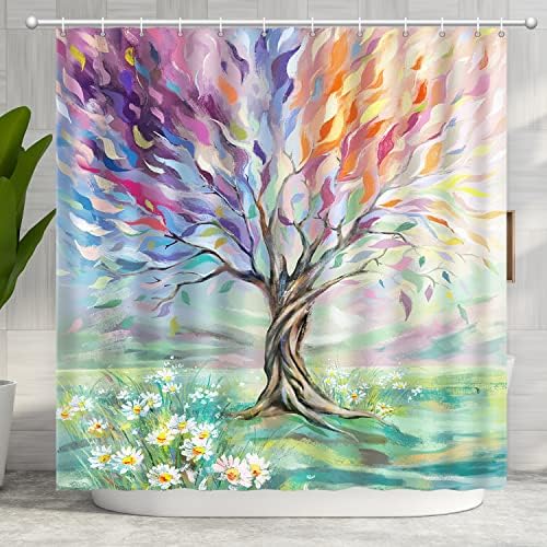 Oil Painting Tree Shower Curtain, Colored Seasons Tree Shower Curtain for Bathroom with 12 Hooks Polyester Fabric Washable Shower Curtain Set Home Office Farmhouse Decor Bath Curtain