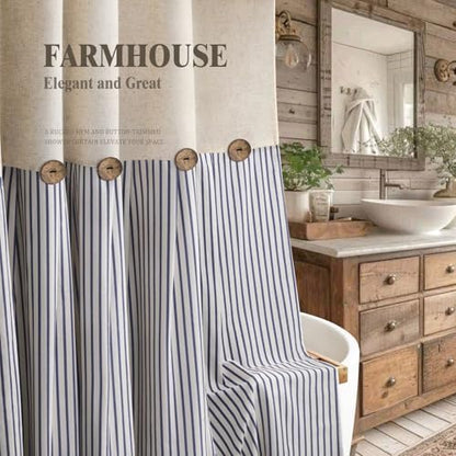 Farmhouse Shower Curtain Linen Button Blue Stripe 72" W x 72" L