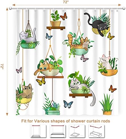 Hanging Potted Plants Cat Shower Curtain, Bracketplant KittyShower Curtain for Bathroom with 12 Hooks Polyester Fabric Waterproof Shower Curtain Sets Machine Washable Kids Bath Curtain