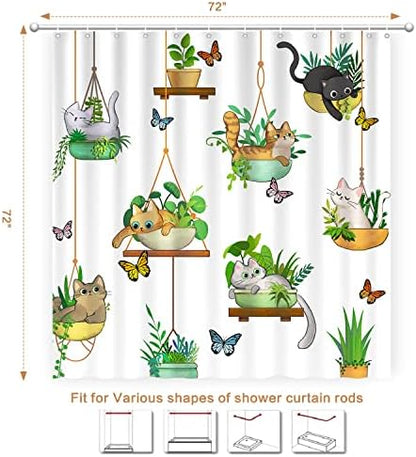 Hanging Potted Plants Cat Shower Curtain, Bracketplant KittyShower Curtain for Bathroom with 12 Hooks Polyester Fabric Waterproof Shower Curtain Sets Machine Washable Kids Bath Curtain