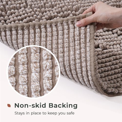 FRESHMINT Chenille Bath Rugs Extra Soft and Absorbent Microfiber Shag Rug, Non-Slip Runner Carpet for Tub Bathroom Shower Mat, Machine-Washable Durable Thick Area Rugs (Taupe + White, 24" x 17")