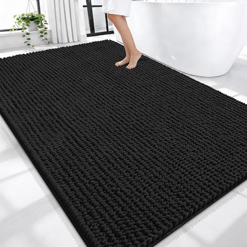 OLANLY Thick Chenille Large Bathroom Rugs 70x46, Absorbent Bath Mat, Black