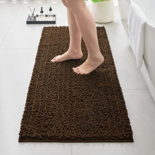 Bathroom Rugs Non Slip Washable 70x24, Extra Thick Soft Chenille Absorbent Bath Mat, High Density Barrier Non Slip Backing, Quick Dry Plush Shaggy Floor Carpet for Tub&Shower, Brown