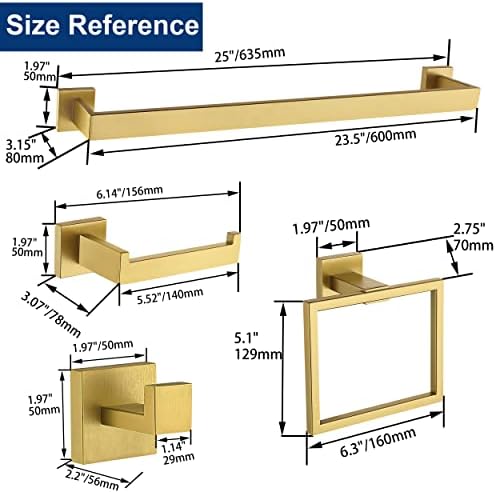 5 Pieces Bathroom Hardware Accessories Set Brushed Gold, 24Inch Bathroom Towel Rack Set SUS304 Stainless Steel, Square Bath Towel bar Set Wall Mounted, Heavy Duty