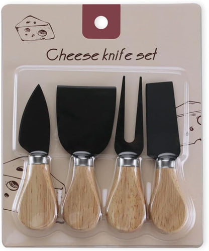 Linwnil 4-Piece Set of Stainless Steel Cheese Knives with Wood Hand, Including Cheese Slicer and Cheese Cutters, Essential Cheese Tools for the Kitchen (Oak handle, Black)