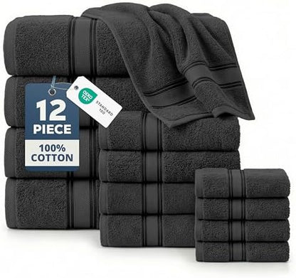 LANE LINEN Bath Towel Set Quick Dry 100% Cotton 12 Piece Soft - Black