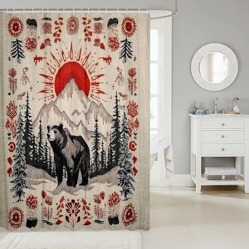 Lodge Cabin Bear Shower Curtain for Bathroom Decor Country Rustic Bath Curtain for Stalls Bathtubs Western Boho Bathroom Accessories Botanical Floral Waterproof Polyester Fabric with 12 Hooks 72"x78"