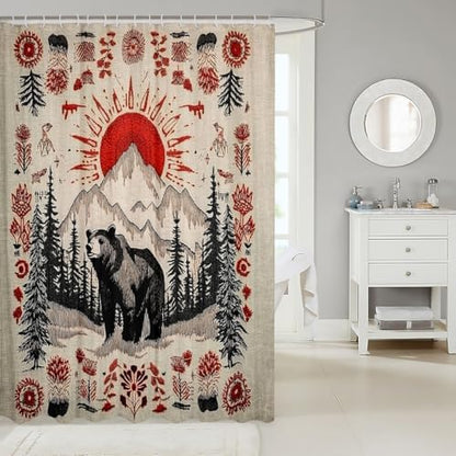 Lodge Cabin Bear Shower Curtain for Bathroom Decor Country Rustic Bath Curtain for Stalls Bathtubs Western Boho Bathroom Accessories Botanical Floral Waterproof Polyester Fabric with 12 Hooks 72"x78"