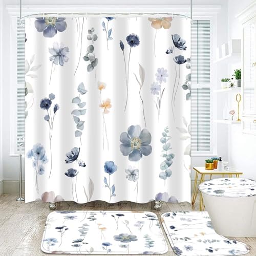 DDQQ 4Pcs Flower Shower Curtain Set with Floral Bathroom Sets