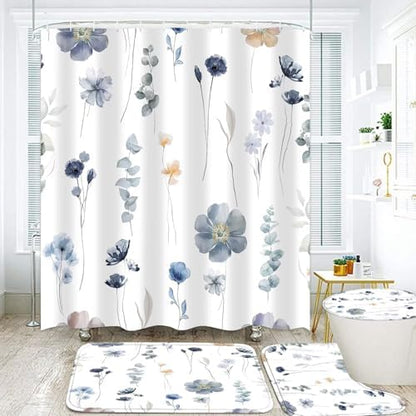 DDQQ 4Pcs Flower Shower Curtain Set with Floral Bathroom Sets