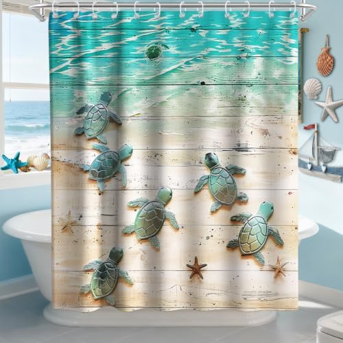 Green Beach Sea Turtle Shower Curtain Nautical Teal Theme Fabric Bathroom Blue Ocean Decor with Grommets and Hooks 72 x 84 Inch Blue