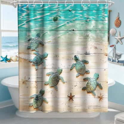 Green Beach Sea Turtle Shower Curtain Nautical Teal Theme Fabric Bathroom Blue Ocean Decor with Grommets and Hooks 72 x 84 Inch Blue