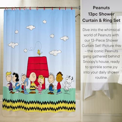 Peanuts 13-Piece Shower Curtain Set, 72 x 72 Inch Fabric Curtain with Hooks, Bathroom Decor, Machine Washable, (100% Officially Licensed Product) by Franco Collectibles