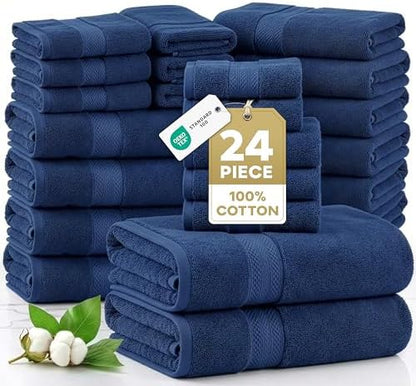 LANE LINEN Bathroom Towel Set 24 Piece Soft Absorbent Quick Dry - Navy