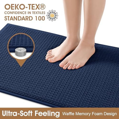 Memory Foam Bath Mat, Ultra Soft Absorbent Waffle Bathroom Rugs, Super Non-Slip PVC Backing Bath Rug Quick Dry, Machine Washable Rug for Tub, Shower, Home Decor Accessory, 24" x 17", Navy Blue