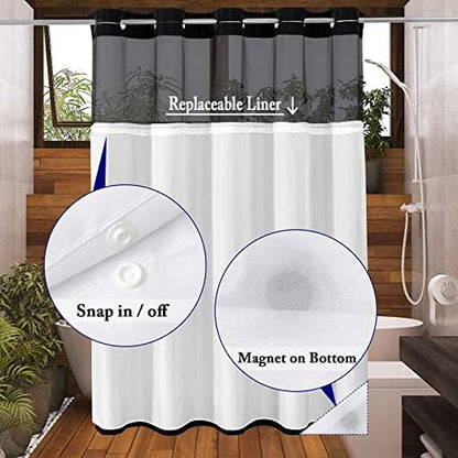 Gibelle No Hook Cloth Black Shower Curtain with Liner, 72x74