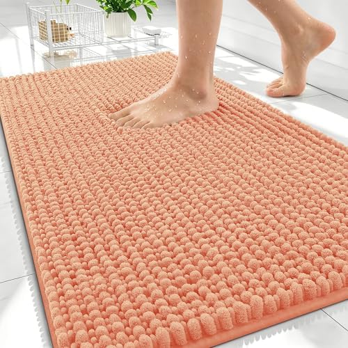 OLANLY Thick Chenille Bathroom Rugs 30x20, Soft Absorbent Bath Mat, Peach