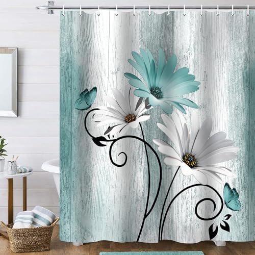 Onalasyc 4PCS Teal Daisy Floral Bathroom Sets with Shower Curtain and Rugs
