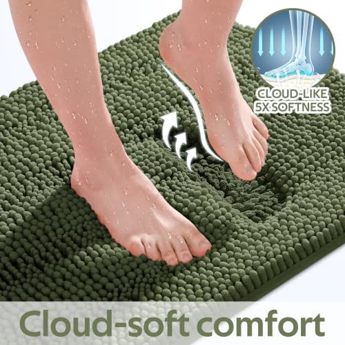 ACCUMTEK Christmas Striped Olive Green Toilet Bathroom Rug Mat Set 2 piece Rug Ultra Soft, Non Slip Chenille Bath Rugs, Absorbent Plush Shaggy Bath Mats for Bathroom, Bedroom, Kitchen, Shower, Tub